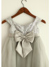 Silver Sequin Ruching Tulle Sash Flower Girl Dress